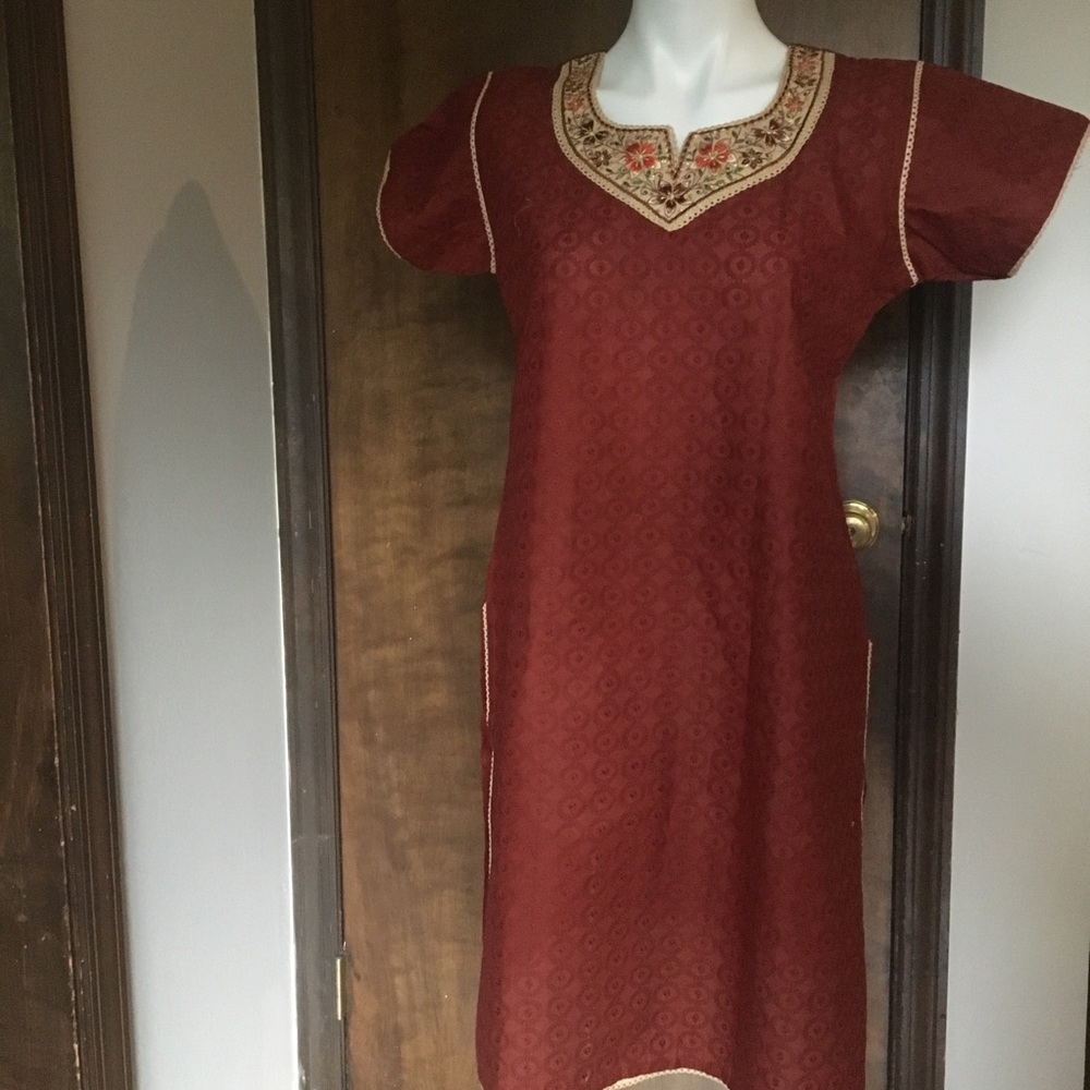 NWT Brown Cotton KURTA TUNIC with embroidery. 3 piece. Size:40